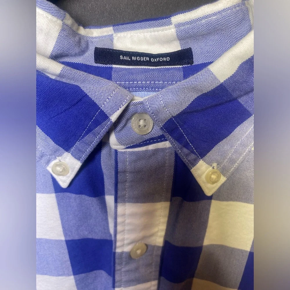 Lands' End Blue and‎ White Plaid Men's Shirt